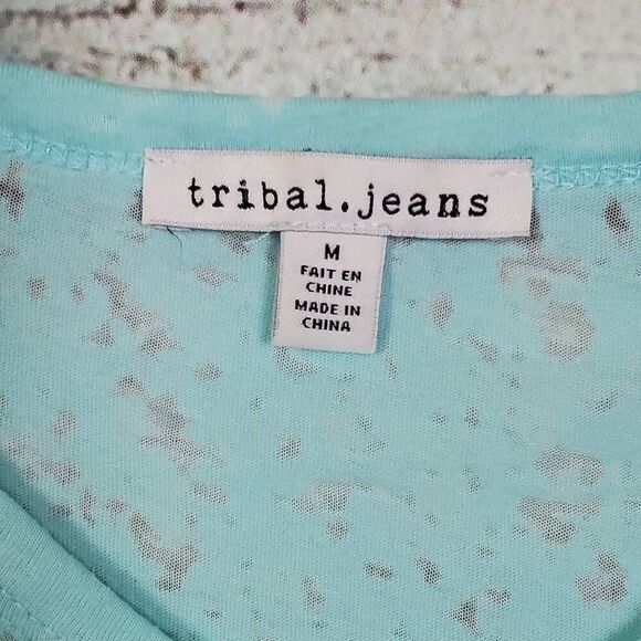 Tribal Jeans Aqua Blue Burnout V-Neck T-Shirt Women’s Medium Lightweight Relaxed - Picture 4 of 5